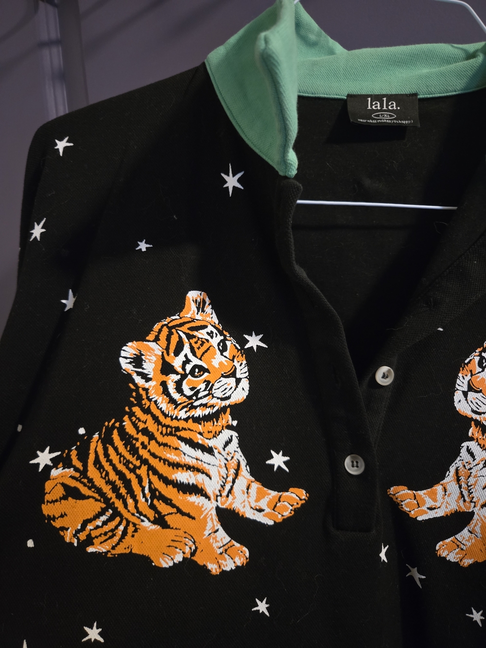 Dressed in LALA Black Crop Polo with Green Collar & Orange Tiger Embroidery - Picture 2 of 5
